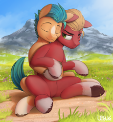 Size: 1847x2000 | Tagged: safe, artist:uliovka, hitch trailblazer, sprout cloverleaf, earth pony, pony, g5, my little pony: a new generation, cute, featureless crotch, gay, grass, grass field, hitchsprout, hooves, hug, male, mountain, raised hoof, scenery, shipping, stallion