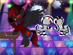 Size: 1024x768 | Tagged: safe, artist:icethebatpony, oc, oc:dj zeb-3, oc:melody spotlight, oc:negative, alicorn, bat pony, pony, bat pony oc, computer, dance floor, dancing, disco ball, having fun, laptop computer