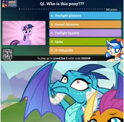 Size: 1496x1476 | Tagged: safe, artist:midairponyfair, edit, edited screencap, screencap, princess ember, smolder, twilight sparkle, dragon, pikachu, pony, unicorn, midair pony fair, g4, school daze, dragoness, female, implied spike, implied starlight glimmer, implied sunset shimmer, mare, pokémon, question, quiz, unicorn twilight