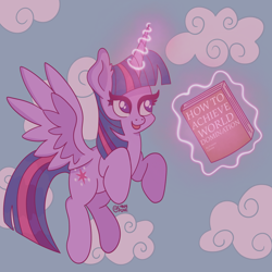 Size: 2048x2048 | Tagged: safe, artist:lynnpone, twilight sparkle, alicorn, pony, g4, aesthetics, book, book title humor, cloud, cute, eyelashes, female, flying, glowing, glowing horn, happy, high res, horn, implied princess celestia, magic, mare, open mouth, open smile, sky background, smiling, solo, spread wings, telekinesis, text, twilight sparkle (alicorn), wings