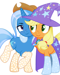 Size: 2361x2970 | Tagged: safe, artist:kellysweet1, artist:rerorir, applejack, trixie, earth pony, pony, unicorn, g4, accessory swap, applejack's hat, base used, bedroom eyes, cape, clothes, commission, cowboy hat, duo, duo female, eyeshadow, female, freckles, green eyes, hat, high res, hooves, horn, hug, looking at each other, looking at someone, makeup, mare, raised hoof, raised leg, shipping, simple background, smiling, socks, standing, transparent background, tripplejack, trixie's cape, trixie's hat