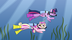 Size: 1920x1080 | Tagged: safe, artist:platinumdrop, princess cadance, twilight sparkle, alicorn, pony, g4, crepuscular rays, duo, duo female, female, flippers (gear), flowing mane, flowing tail, folded wings, horn, mare, missing accessory, ocean, pink eyes, purple eyes, request, scuba diving, scuba gear, seaweed, sisters-in-law, sunlight, swimming, tail, twilight sparkle (alicorn), underwater, water, wings