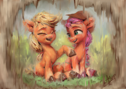 Size: 1200x850 | Tagged: safe, artist:assasinmonkey, applejack, sunny starscout, earth pony, pony, g4, g5, my little pony: a new generation, applejack's hat, cowboy hat, cute, duo, female, hat, jackabetes, laughing, looking at someone, mare, open mouth, open smile, orange mane, orange skin, raised hoof, smiling, stetson, sunnybetes