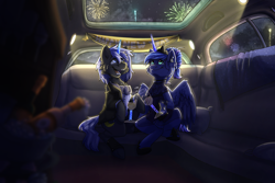 Size: 4500x3000 | Tagged: safe, artist:lionbun, princess luna, oc, oc:night shadow, alicorn, pony, unicorn, g4, alcohol, canon x oc, car, car interior, champagne, champagne glass, commission, couple, duo, female, fireworks, happy new year, holiday, limousine, male, misleading thumbnail, new year, new years eve, ship:lunadow, straight, wine