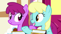 Size: 1920x1080 | Tagged: safe, screencap, berry punch, berryshine, sassaflash, earth pony, pegasus, pony, fame and misfortune, g4, season 7, background pony, book, duo, duo female, eye contact, female, looking at each other, looking at someone, mare, open mouth, smiling