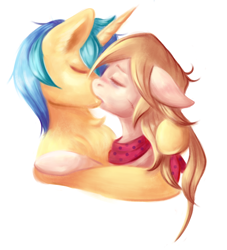 Size: 2480x2729 | Tagged: safe, artist:coco-drillo, oc, oc only, oc:cocodrillo, oc:dex, earth pony, pony, unicorn, blushing, bust, caress, chest fluff, clothes, codex, couple, deep kissing, duo, ear blush, ear fluff, earth pony oc, embrace, eyes closed, floppy ears, high res, horn, hug, hugging a pony, kissing, messy mane, oc x oc, passionate, scar, scarf, shipping, simple background, unicorn oc, yellow background