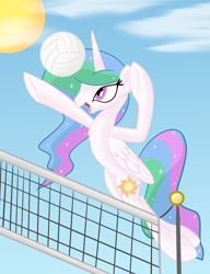 Size: 1920x2500 | Tagged: safe, artist:notadeliciouspotato, princess celestia, alicorn, pony, g4, ball, beach volleyball, cloud, ethereal mane, ethereal tail, female, folded wings, high res, horn, jumping, mare, missing accessory, open mouth, open smile, sky, smiling, solo, sports, sun, tail, volleyball, volleyball net, wings