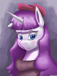 Size: 1000x1346 | Tagged: safe, artist:vezja, rarity, pony, unicorn, g4, beatnik rarity, beret, bust, clothes, female, hat, horn, mare, one ear down, portrait, simple background, solo, sweater