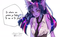 Size: 1280x783 | Tagged: safe, artist:neon-chan, twilight sparkle, unicorn, anthro, g4, absolute cleavage, alternative cutie mark placement, breasts, cleavage, clothes, ear fluff, female, implied romance, looking at you, necktie, open clothes, open shirt, simple background, solo, sparkles, speech bubble, talking to viewer, unicorn twilight, white background