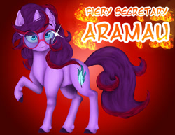 Size: 1024x791 | Tagged: safe, artist:fuyuko-yuki, oc, oc:aramau, pony, unicorn, fire, glasses, text