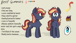 Size: 1920x1080 | Tagged: safe, artist:beefgummies, oc, oc:beef gummies, earth pony, pony, blue eyes, chest fluff, curly hair, curly tail, cutie mark, eye clipping through hair, fangs, female, looking at you, mare, ponysona, redesign, reference sheet, simple background, solo, standing, tail, two toned mane, two toned tail, yellow background