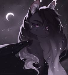 Size: 1656x1816 | Tagged: safe, artist:vitanistarcat, oc, oc only, pegasus, pony, backlighting, crescent moon, ear fluff, ear tufts, freckles, limited palette, looking at you, moon, neck fluff, night, night sky, sky, solo