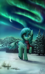Size: 2200x3574 | Tagged: safe, artist:magfen, oc, oc only, kirin, aurora borealis, clothes, high res, scarf, smiling, snow, solo, tree