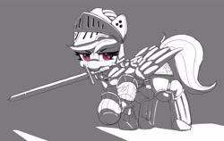 Size: 3453x2179 | Tagged: safe, artist:pabbley, rainbow dash, pegasus, pony, g4, armor, dark souls, female, helmet, high res, mare, mouth hold, neo noir, partial color, raised hoof, solo, sword, weapon
