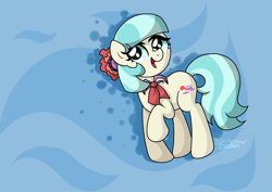 Size: 4290x3043 | Tagged: safe, artist:background basset, coco pommel, earth pony, pony, g4, abstract background, cocobetes, cute, female, happy, high res, mare, open mouth, open smile, raised hoof, smiling, solo
