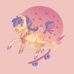 Size: 1600x1606 | Tagged: safe, artist:animagicworld, artist:k-eilonwy, scootaloo (g3), earth pony, pony, g3, ascot, colored hooves, deviantart watermark, obtrusive watermark, redesign, skateboard, solo, watermark