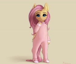 Size: 4096x3442 | Tagged: safe, artist:miokomata, fluttershy, pegasus, semi-anthro, g4, arm hooves, clothes, colored hooves, cute, footed sleeper, footie pajamas, freckles, freckleshy, looking at you, onesie, pajamas, shyabetes, simple background, solo, tan background, weapons-grade cute