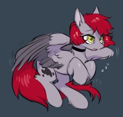 Size: 1000x945 | Tagged: safe, artist:swaybat, oc, oc only, oc:swaybat, pegasus, pony, bat pony oc, collar, colored wings, eye clipping through hair, female, gray background, gray coat, hock fluff, mare, open mouth, question mark, race swap, red mane, red tail, simple background, solo, spread wings, tail, two toned wings, wings, yellow eyes