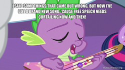 Size: 800x450 | Tagged: safe, edit, edited screencap, screencap, rarity, spike, twilight sparkle, alicorn, dragon, pony, unicorn, best gift ever, g4, caption, female, image macro, male, mare, op is a duck, op is trying to start shit, text, the dixie chicks, the simpsons, twilight sparkle (alicorn)