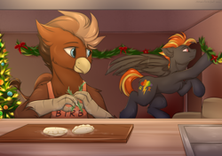 Size: 2700x1900 | Tagged: safe, artist:snowstormbat, oc, oc only, oc:digidash, oc:grimvale, griffon, pegasus, pony, birb, christmas, claws, cooking, duo, duo male, eyebrows, eyebrows visible through hair, flying, food, garlands, gay, griffon oc, high res, holiday, kitchen, male, pegasus oc, smiling, stallion