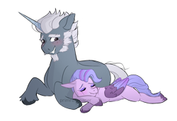 Size: 1280x883 | Tagged: safe, artist:primrosepaper, alphabittle blossomforth, queen haven, pegasus, pony, unicorn, g5, blushing, female, lying down, male, mare, prone, ship:alphahaven, shipping, simple background, smiling, stallion, straight, transparent background, watermark