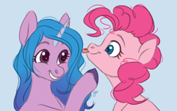 Size: 1314x830 | Tagged: safe, artist:flazeflower, izzy moonbow, pinkie pie, earth pony, pony, unicorn, g4, g5, blue background, colored sketch, duo, duo female, female, g4 to g5, grin, izzy and her heroine, looking at each other, looking at someone, mare, simple background, smiling, smiling at each other, tongue out