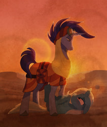 Size: 1280x1518 | Tagged: safe, artist:bearmation, hoo'far, trixie, pony, saddle arabian, unicorn, g4, road to friendship, dessert, female, looking at each other, looking at someone, lying down, male, mare, on back, shipping, stallion, straight, sunset, trixfar