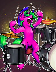 Size: 727x921 | Tagged: safe, oc, oc:skrrah, pony, unicorn, drum kit, drumming, drums, musical instrument, open mouth