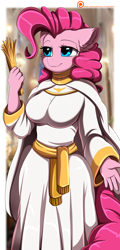 Size: 1900x3950 | Tagged: safe, artist:pridark, pinkie pie, earth pony, anthro, ziragshabdarverse, g4, breasts, busty pinkie pie, clothes, commission, faravahar, female, high res, priest, smiling, solo, zoroastrianism