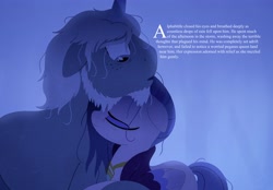 Size: 4096x2843 | Tagged: safe, artist:bearmation, alphabittle blossomforth, queen haven, pegasus, pony, unicorn, g5, duo, eyes closed, female, floppy ears, frown, heartwarming, high res, male, mare, neck nuzzle, open mouth, rain, ship:alphahaven, shipping, smiling, stallion, storybook, straight