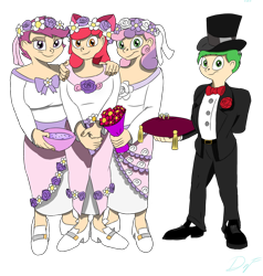 Size: 872x916 | Tagged: safe, artist:holdenwolfart, apple bloom, scootaloo, spike, sweetie belle, human, g4, bridesmaid dress, clothes, cutie mark crusaders, dress, female, hat, humanized, looking at you, male, shipping, simple background, smiling, smiling at you, standing, straight, transparent background