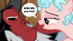Size: 1280x720 | Tagged: safe, edit, edited screencap, screencap, cozy glow, lord tirek, centaur, pegasus, pony, taur, frenemies (episode), g4, age difference, bedroom eyes, female, flirting, interspecies, kiss me you fool, male, ship:cozirek, shipping, speech bubble, straight, sweat, that is one troubled filly