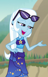 Size: 680x1080 | Tagged: safe, edit, edited screencap, screencap, trixie, equestria girls, equestria girls series, forgotten friendship, g4, belly button, bikini, clothes, cropped, hand on hip, midriff, sarong, solo, sunglasses, swimsuit, trixie's swimsuit