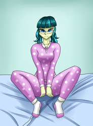 Size: 1400x1900 | Tagged: safe, artist:zachc, juniper montage, equestria girls, g4, bed, clothes, female, glasses, looking at you, pajamas, socks, solo, stocking feet