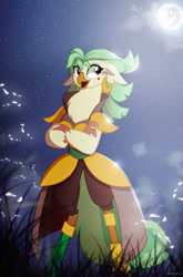 Size: 1778x2697 | Tagged: safe, artist:zidanemina, edit, captain celaeno, bird, ornithian, parrot pirates, anthro, g4, amputee, beauty mark, ear piercing, earring, female, hatless, jewelry, mare in the moon, missing accessory, moon, piercing, pirate, prosthetic limb, prosthetics, solo, younger