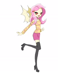 Size: 2480x3110 | Tagged: dead source, safe, artist:kurumilaa, fluttershy, equestria girls, g4, bare shoulders, bat ponified, bat wings, clothes, female, flutterbat, high res, race swap, simple background, socks, solo, thigh highs, white background, wings