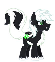 Size: 2800x3200 | Tagged: safe, artist:ponkus, oc, oc:reeko, pony, skunk, skunk pony, chest fluff, cute, digital art, ear fluff, fangs, fluffy, fluffy tail, green eyes, high res, male, markings, messy mane, show accurate, simple background, solo, stallion, tail, transparent background, unshorn fetlocks