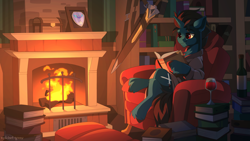 Size: 3000x1687 | Tagged: safe, artist:redchetgreen, oc, oc only, oc:slashing prices, pony, unicorn, alcohol, book, bookshelf, bottle, chin fluff, clothes, colored hooves, cowlick, eyebrows, eyebrows visible through hair, fire, fireplace, glass, horn, lidded eyes, male, reading, robe, shield, sitting, smiling, solo, stallion, sword, unicorn oc, unshorn fetlocks, weapon, wine, wine bottle, wine glass
