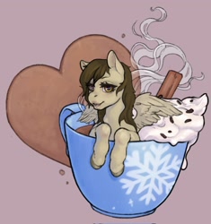 Size: 1927x2048 | Tagged: safe, artist:oops, oc, oc only, oc:static spark, pegasus, pony, chocolate, cup, cup of pony, food, heart, hot chocolate, looking at you, micro, open mouth, simple background, solo, steam, whipped cream, wings