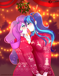 Size: 3030x3900 | Tagged: safe, artist:xjenn9, rarity, shining armor, equestria girls, g4, blushing, christmas, commission, commissioner:alkonium, equestria guys, female, gleaming shield, half r63 shipping, high res, holiday, infidelity, infidelity armor, lesbian, mistletoe, rule 63, ship:rariarmor, ship:rarigleam, shipping, ych example, your character here