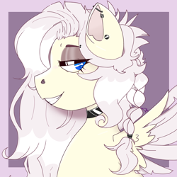 Size: 1500x1500 | Tagged: safe, artist:dsstoner, oc, oc only, oc:hrukii, pegasus, pony, braid, choker, colored pupils, ear piercing, eye clipping through hair, eyebrow piercing, eyebrows, eyebrows visible through hair, eyelashes, eyeshadow, female, grin, industrial piercing, lidded eyes, looking at you, makeup, mare, pegasus oc, piercing, smiling, smiling at you, solo, wings