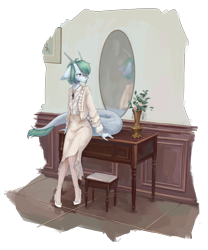 Size: 5349x6441 | Tagged: safe, artist:龙宠, oc, oc only, oc:shanher, dragon, anthro, absurd resolution, clothes, dragoness, female, glasses, mirror, simple background, skirt, solo, transparent background