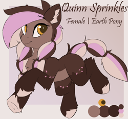 Size: 2006x1872 | Tagged: safe, artist:beardie, oc, oc only, oc:quinn sprinkles, earth pony, pony, chest fluff, colored pupils, ear fluff, earth pony oc, eyebrows, eyebrows visible through hair, eyelashes, female, frog (hoof), hoof fluff, looking at you, mare, reference, reference sheet, smiling, smiling at you, solo, tail, tail wrap, underhoof