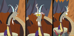 Size: 4433x2173 | Tagged: safe, artist:creepycutiemark, discord, draconequus, comic:discord's father, g4, 3 panel comic, cave, comic, evil lair, grogar's lair, lair, male, show accurate, solo