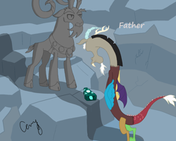 Size: 2500x2000 | Tagged: safe, artist:creepycutiemark, discord, grogar, draconequus, sheep, comic:discord's father, g4, bell, cave, comic, grogar's bell, high res, male, ram, show accurate, signature