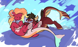 Size: 1249x766 | Tagged: source needed, safe, artist:testostepone, oc, oc:katsa selachi, oc:yoae selachi, fish, original species, shark, shark pony, eating, female, siblings, sisters, tail