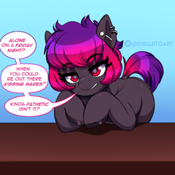 Size: 3500x3500 | Tagged: safe, artist:dibujito, oc, oc only, oc:dib, earth pony, pony, dialogue, ear piercing, female, high res, hoof polish, looking at you, mare, on table, piercing, smiling, smirk, smug, solo, speech bubble, talking to viewer