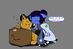 Size: 900x600 | Tagged: safe, artist:esuka, oc, oc only, pony, unicorn, box, comforting, crying, male, onomatopoeia, sleeping, sound effects, stallion, zzz