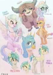 Size: 2412x3438 | Tagged: safe, artist:porcelanowyokular, gallus, ocellus, sandbar, silverstream, smolder, yona, changedling, changeling, classical hippogriff, dragon, earth pony, griffon, hippogriff, pony, yak, g4, bow, bust, cloven hooves, colored hooves, colored pencil drawing, dragoness, eyebrows, eyebrows visible through hair, female, frown, gradient background, hair bow, high res, jewelry, male, monkey swings, necklace, open mouth, open smile, smiling, student six, teenager, traditional art