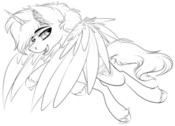 Size: 3496x2524 | Tagged: safe, artist:beamybutt, oc, oc only, alicorn, pony, alicorn oc, ear fluff, high res, horn, lineart, male, monochrome, open mouth, open smile, simple background, smiling, solo, stallion, white background, wings